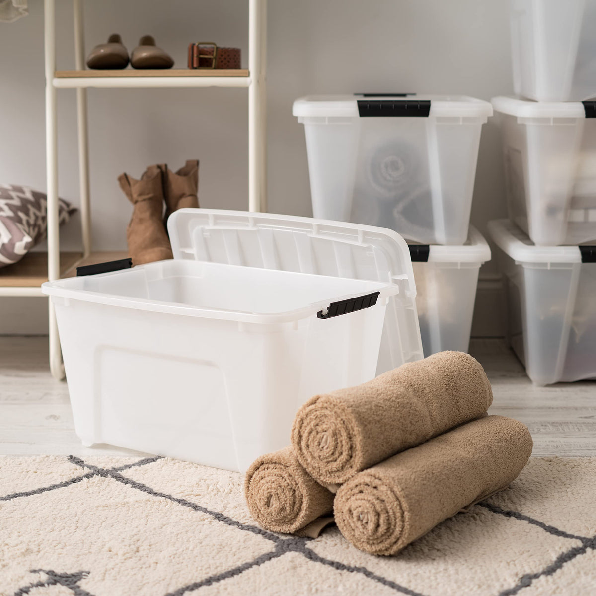 IRIS USA 32 Qt bin on shelf emphasizes visibility and tidy closet organization.