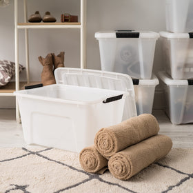 IRIS USA 32 Qt bin on shelf emphasizes visibility and tidy closet organization.
