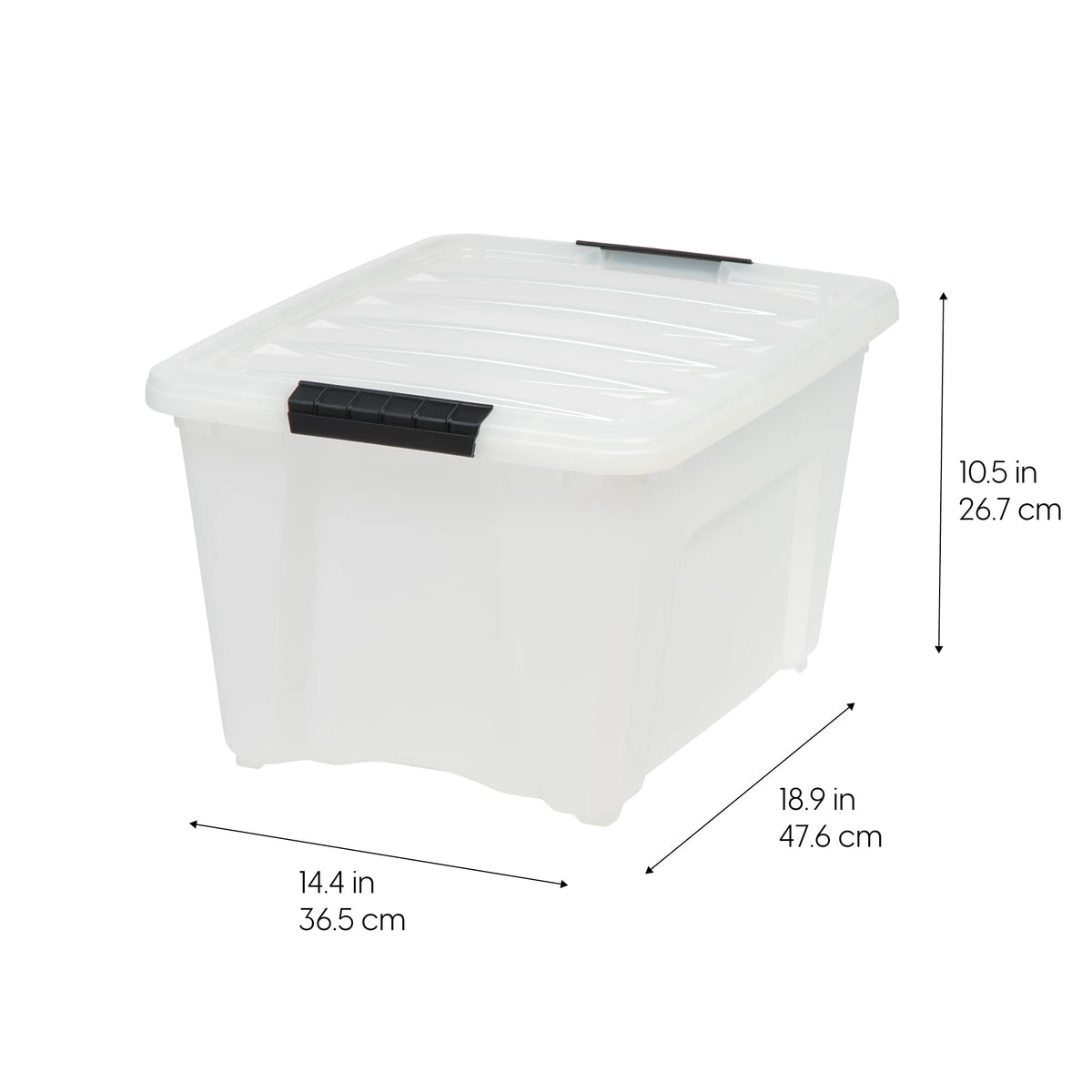 IRIS USA 32 Qt bin side view demonstrates slim profile for space-saving organization.