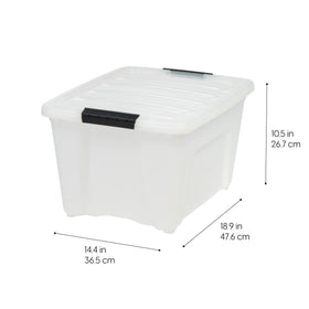 IRIS USA 32 Qt bin side view demonstrates slim profile for space-saving organization.