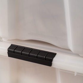 IRIS USA 32 Qt bin stacked demonstrates space maximization in home storage.