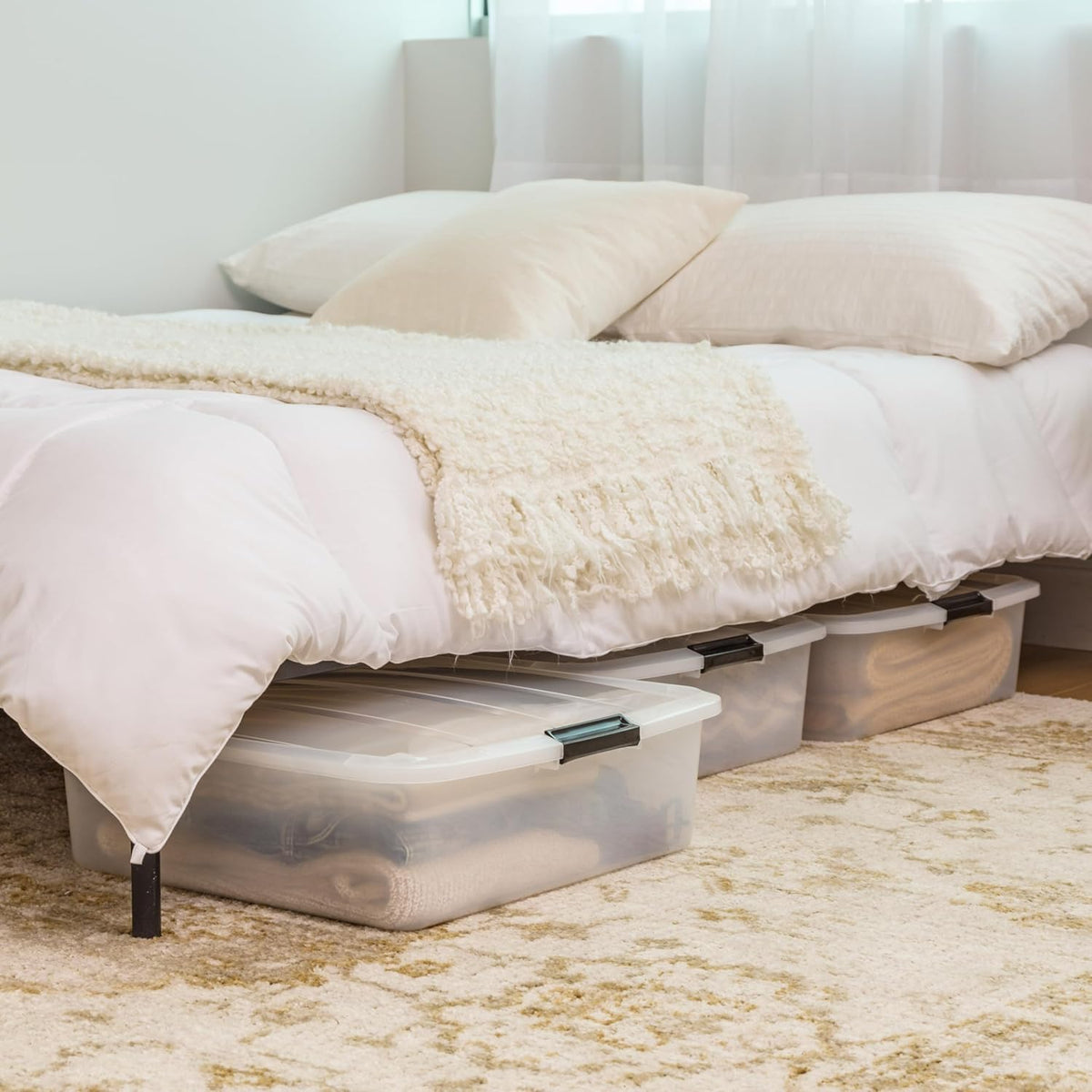 IRIS USA under-bed bin fits tight spaces for clutter-free rooms.