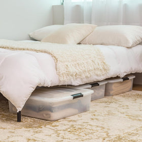 IRIS USA under-bed bin fits tight spaces for clutter-free rooms.