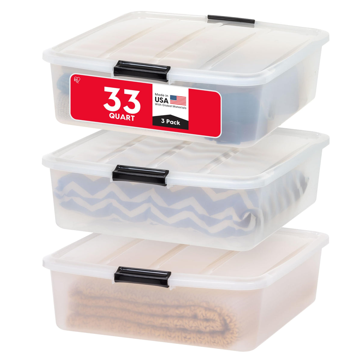 IRIS USA 33 Qt under-bed storage bin with clear view helps locate items quickly.