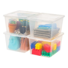 IRIS USA clear storage bin with lid shown stacked for organization.