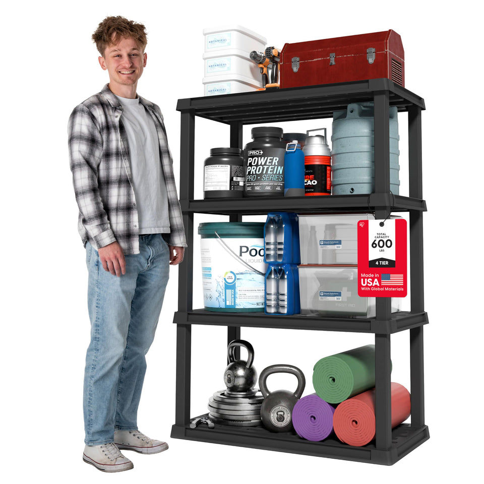 IRIS USA 4-Shelf heavy-duty storage unit in matte black ideal for garage organization