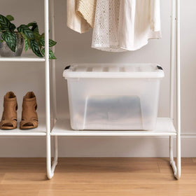 IRIS USA 40 Qt bin with locking lid protects contents on shelf