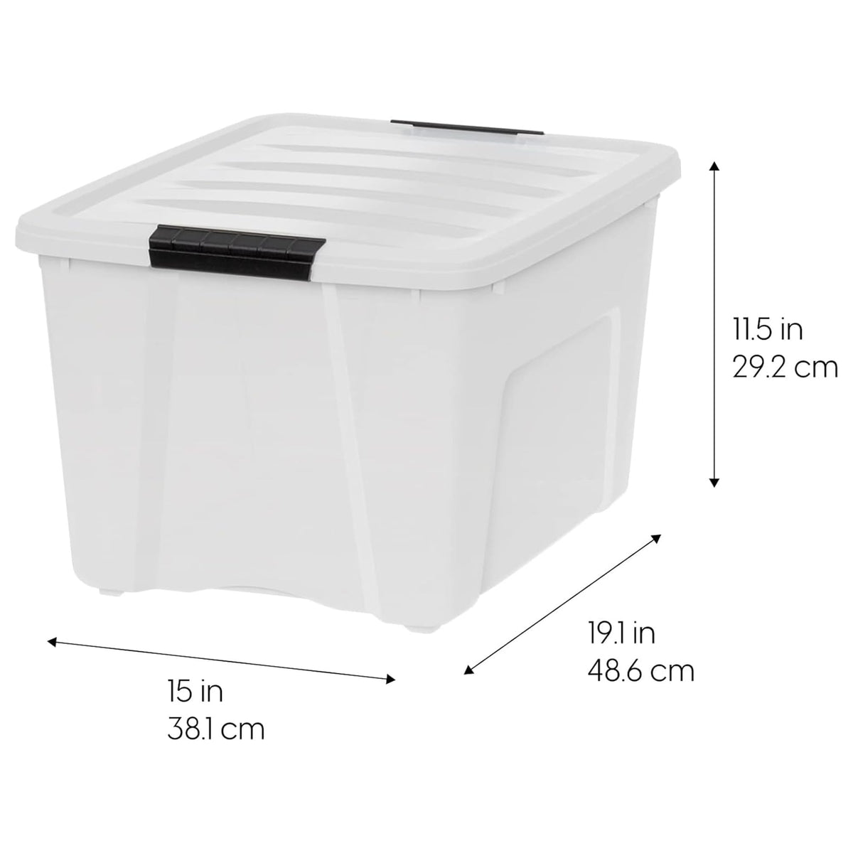 IRIS USA 40 Qt pearl finish bin on shelf for discreet storage