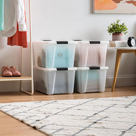 IRIS USA 40 Qt stackable pearl bin with lid stacked for space saving