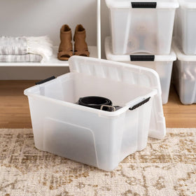 IRIS USA 40 Qt bin with pull handle for easy access on shelf