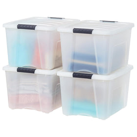 IRIS USA 40 Qt stackable bin with lid in pearl, ideal for closet organization