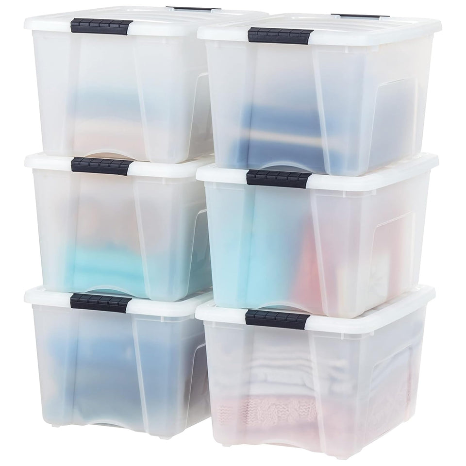 IRIS USA 40 Qt stackable bin with lid in pearl, front view for space-saving storage.