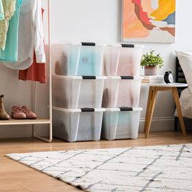 IRIS USA 40 Qt stackable bin with lid, side view showing nesting capability.