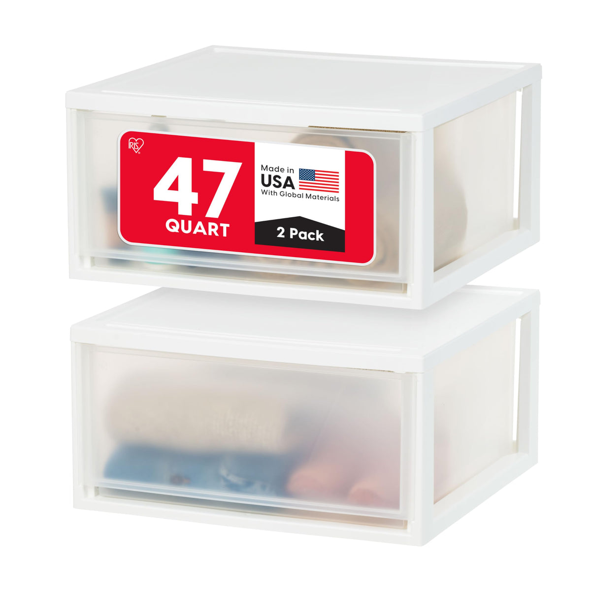 IRIS USA 47 Qt stackable drawer with clear doors for easy pantry organization.