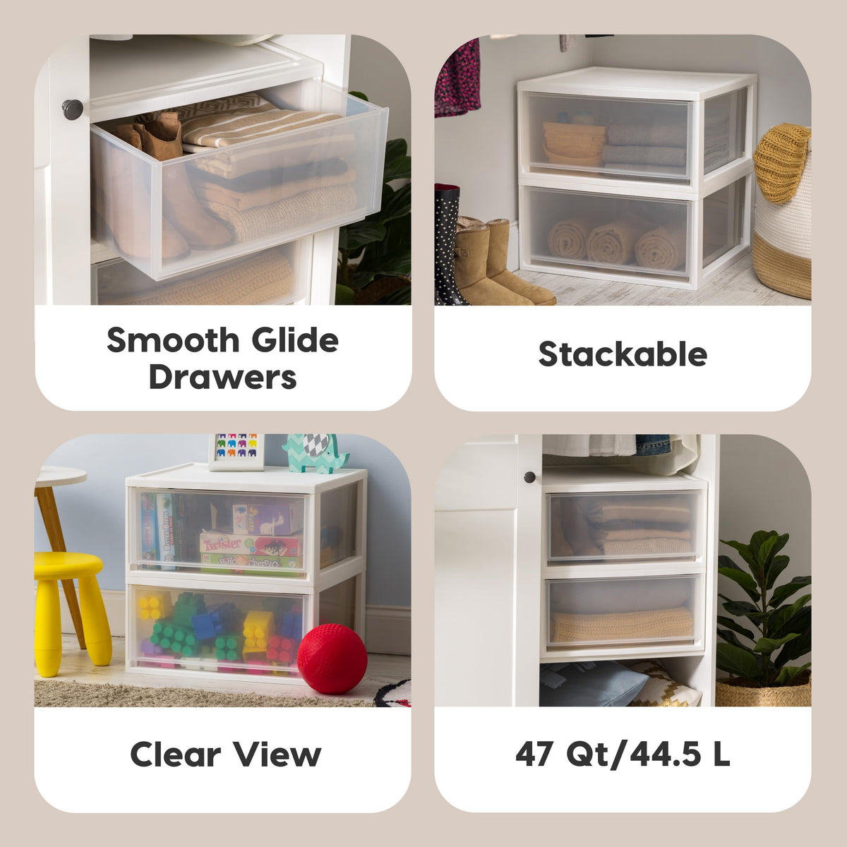 Stackable IRIS USA drawer setup for flexible storage across room.