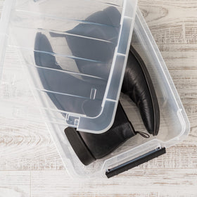 Iris USA 4-pack bins featuring a stackable design for space-saving storage.