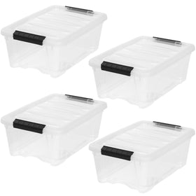 Iris USA 4-pack storage bins with see-through lids for quick content visibility and organization.