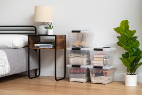 IRIS USA 4-pack clear bins with see-through lids for fast identification.