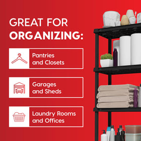 IRIS USA 5-tier shelf storing towels and cleaning supplies.