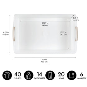 IRIS USA 50 Qt under-bed bin with buckle latches keeps items secure.