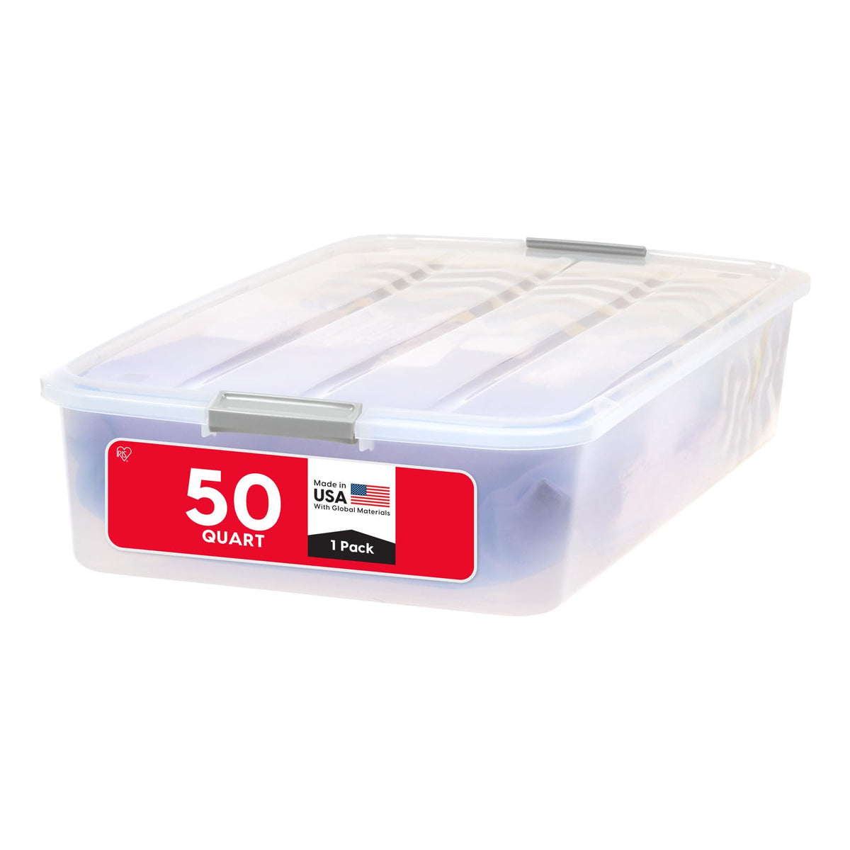 IRIS USA 50 Qt under-bed bin with clear lid for quick content identification.