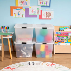 IRIS USA 55-quart storage bin showing sturdy, durable translucent plastic.