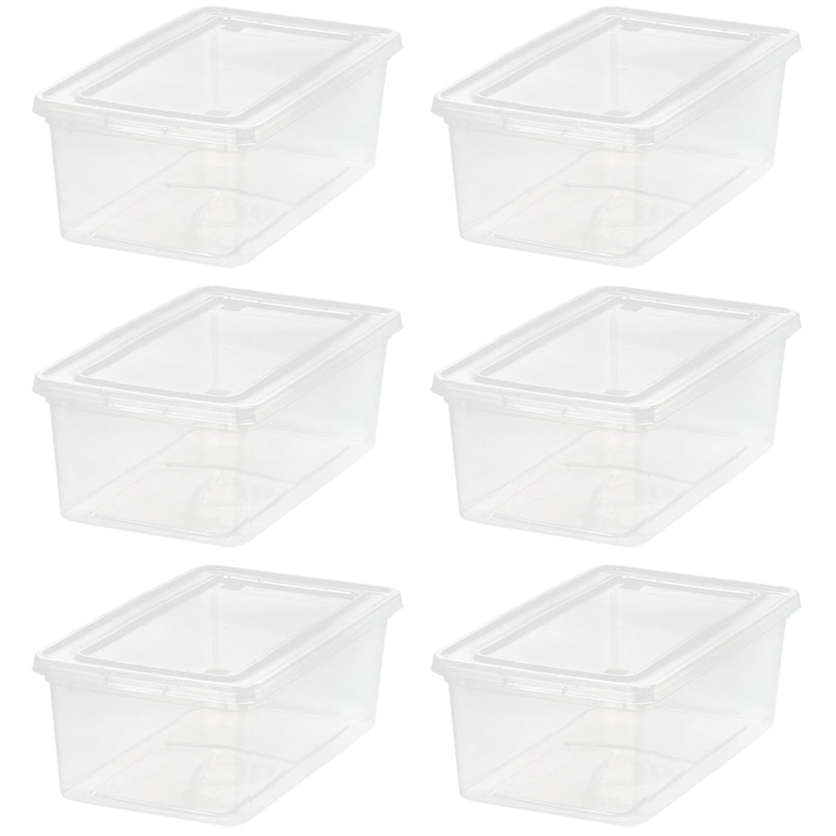 IRIS USA 6-pack storage bins with lids, crystal clear for easy visibility and stacking.