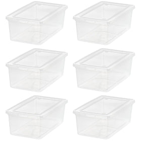 IRIS USA 6-pack storage bins with lids, crystal clear for easy visibility and stacking.