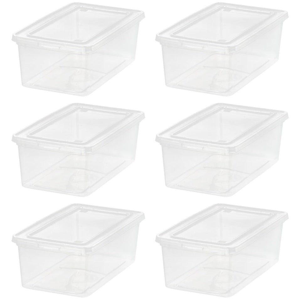 IRIS USA 6-pack storage bins with lids, crystal clear for easy visibility and stacking.