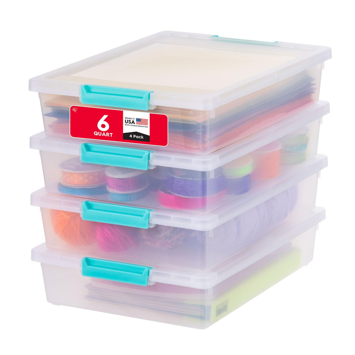 IRIS USA 6 Qt craft bin with lid keeps art supplies organized and dust-free.
