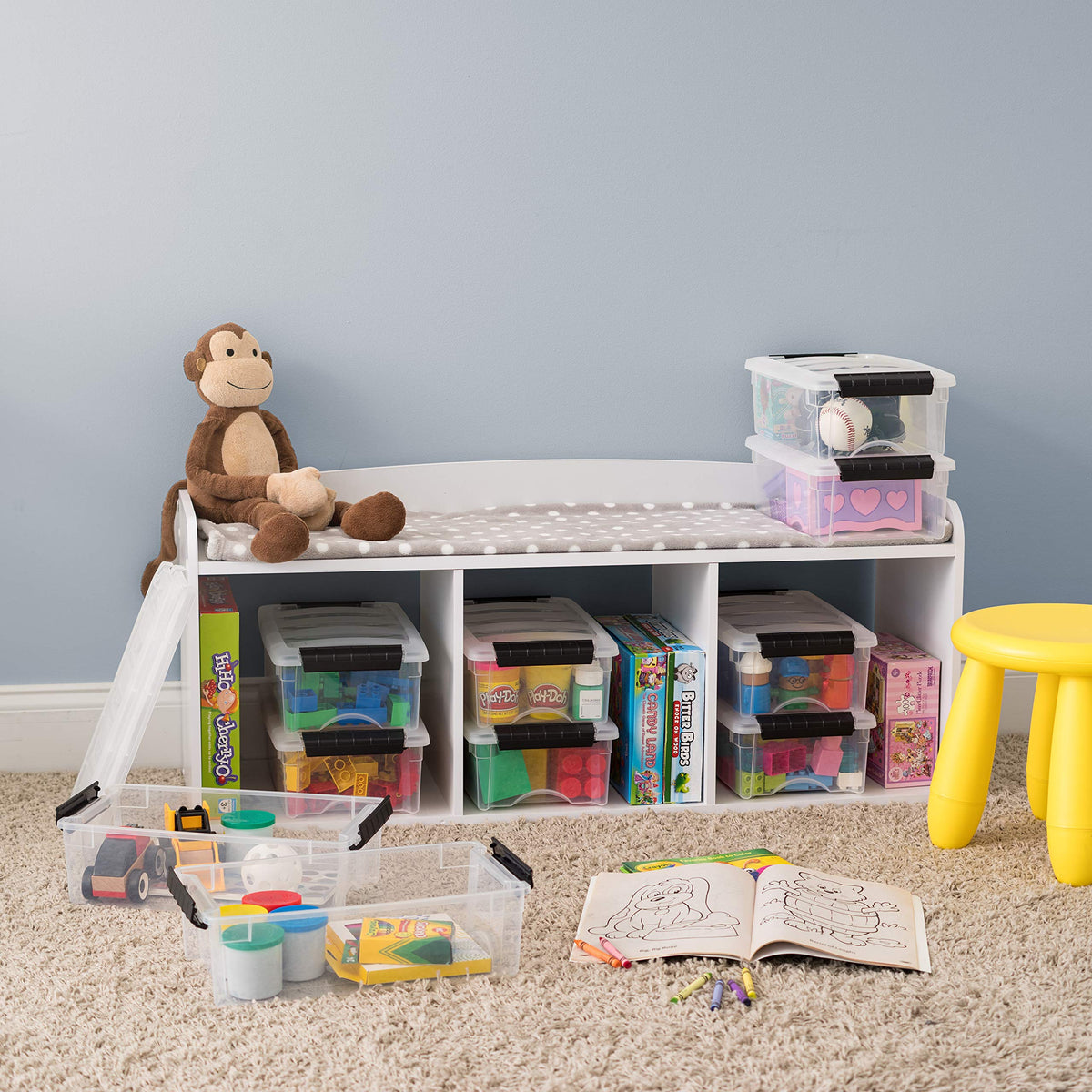 IRIS USA 6 Qt nestable storage bin saves space when stored empty.