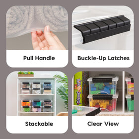 IRIS USA 6 Qt stackable bin pull handle enables easy access from shelves.