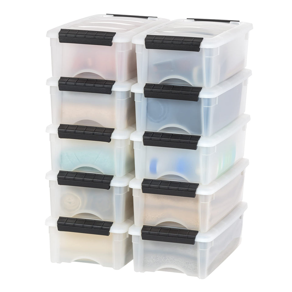 IRIS USA 6 qt stackable bin with lid in pearl for space-saving closet organization.