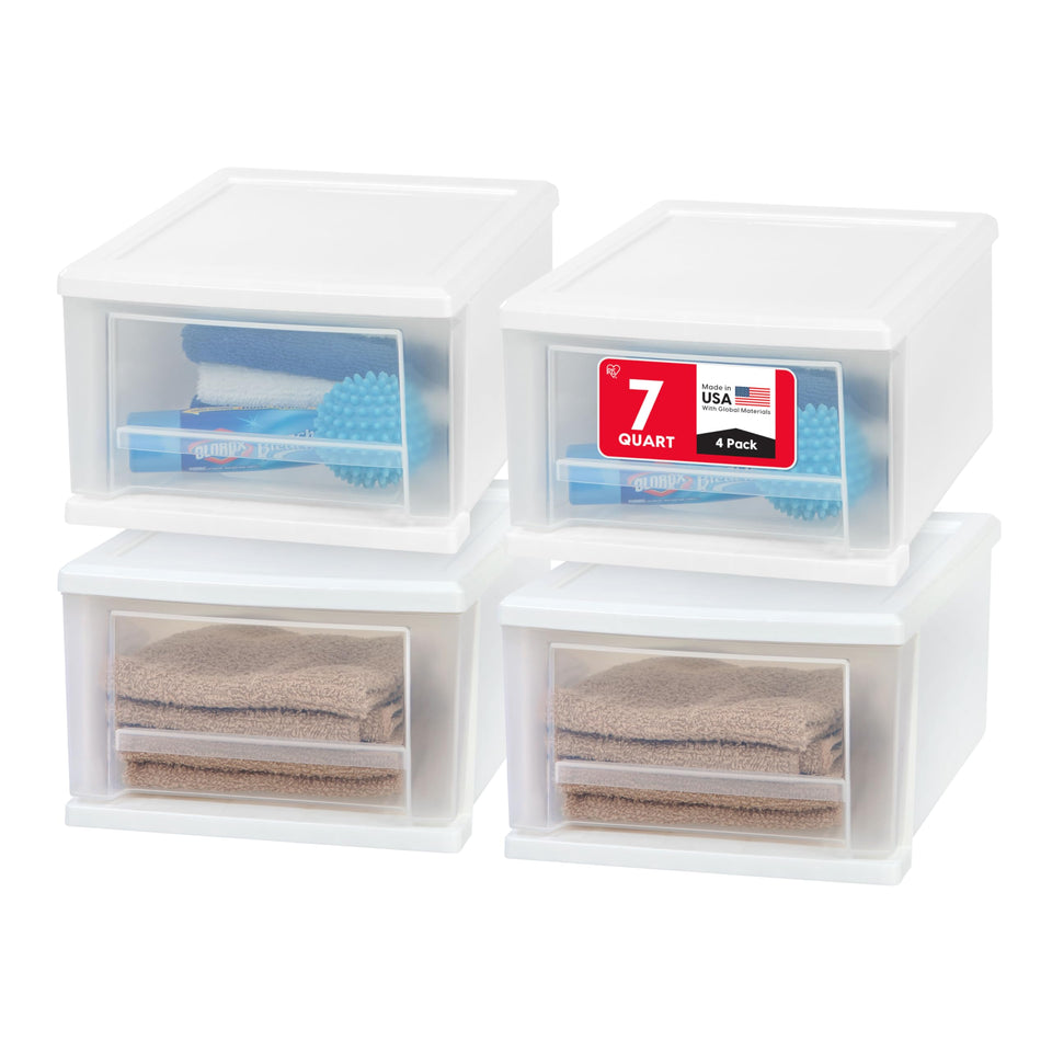 IRIS USA 7 Qt stacking drawer front view demonstrates compact, stackable organizer for organized storage.
