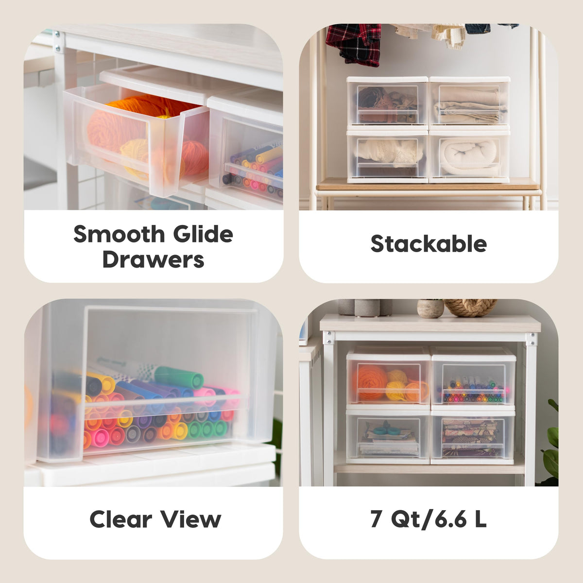 IRIS USA 7 Qt stacking drawer stacked setup enables flexible storage options.