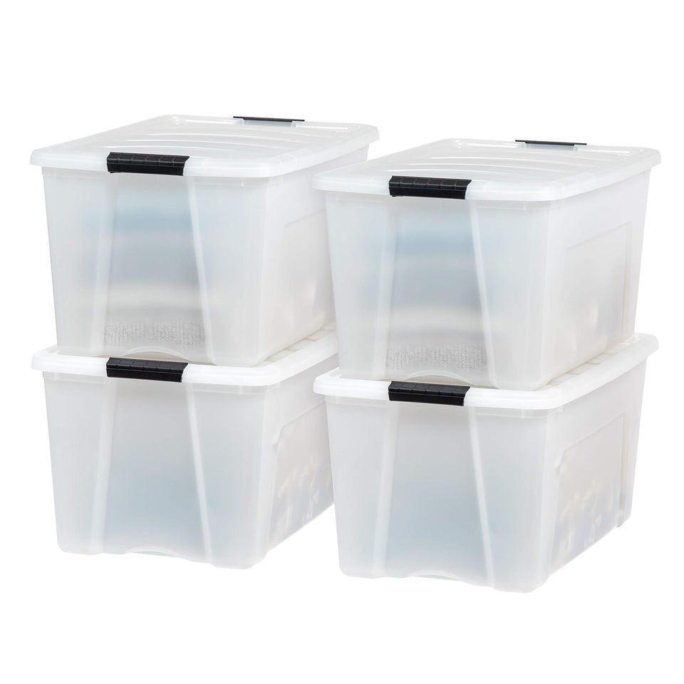 IRIS USA 72 Qt storage box with lid shows secure closure for easy access.