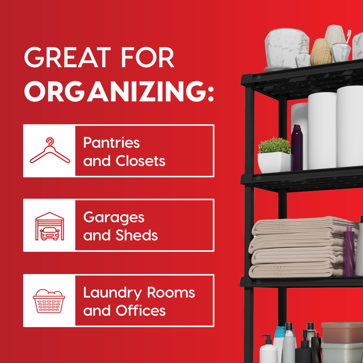 IRIS USA bathroom or garage storage shelf keeps cleaning supplies organized.