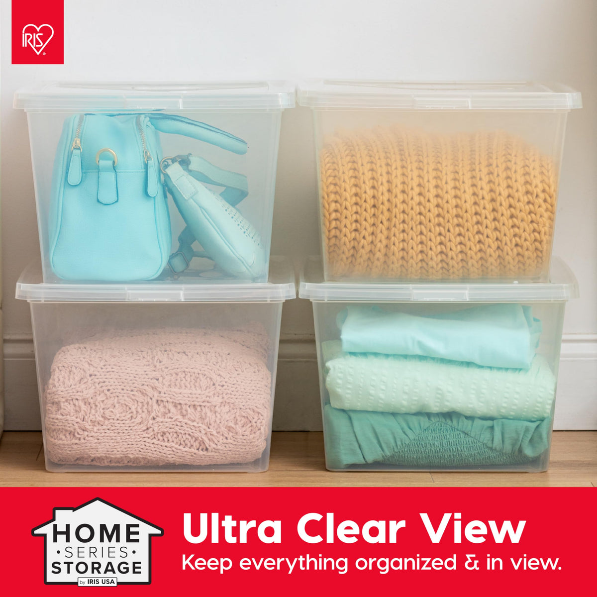 IRIS USA storage bin organized blankets and towels.