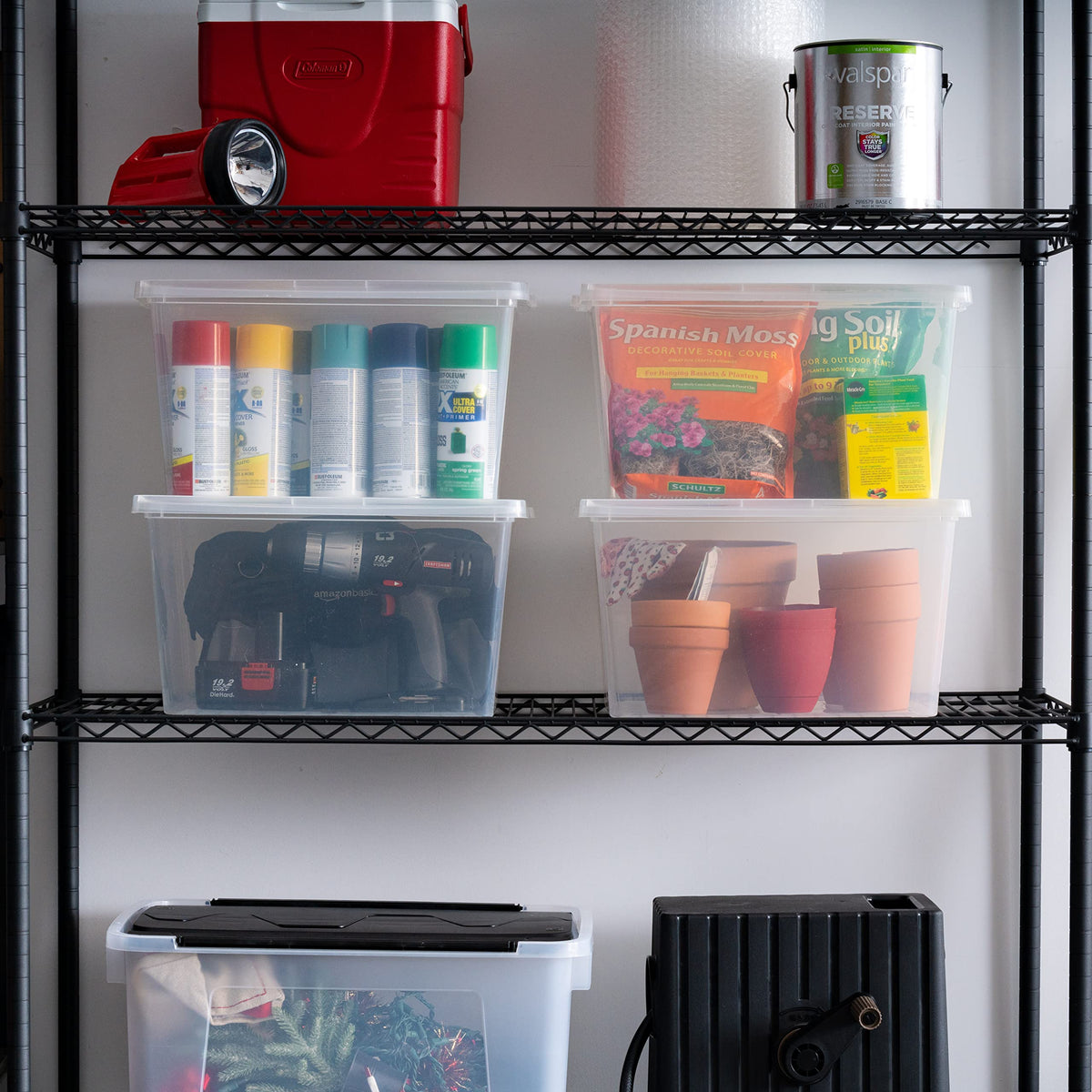 IRIS USA 25-quart stackable bin displayed for closet shelving.