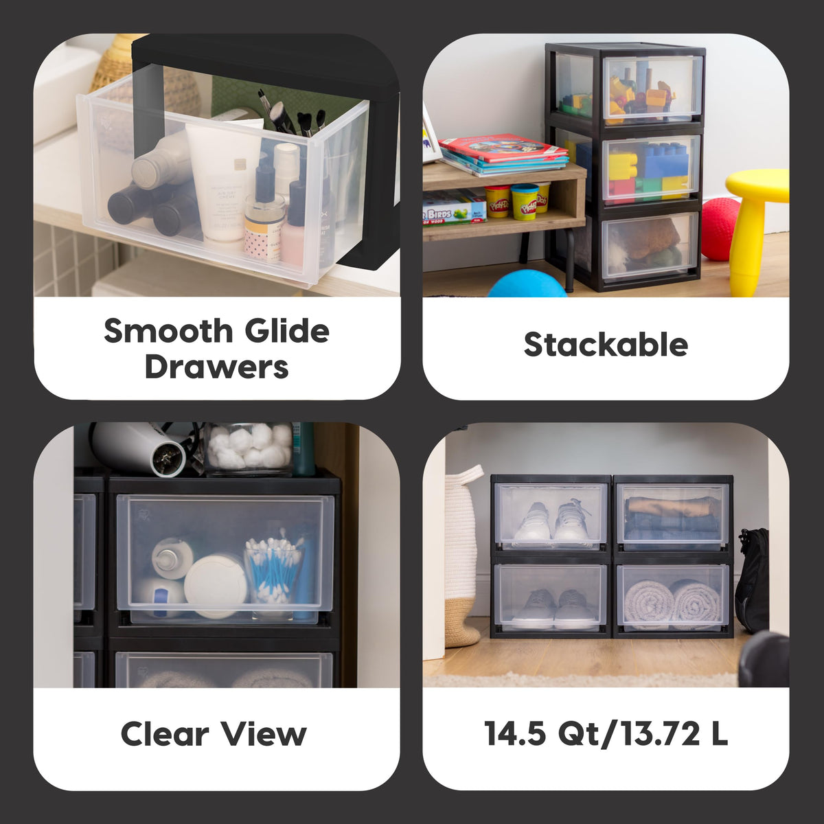 IRIS USA clear drawer with coral frame offers quick visibility and neat privacy.