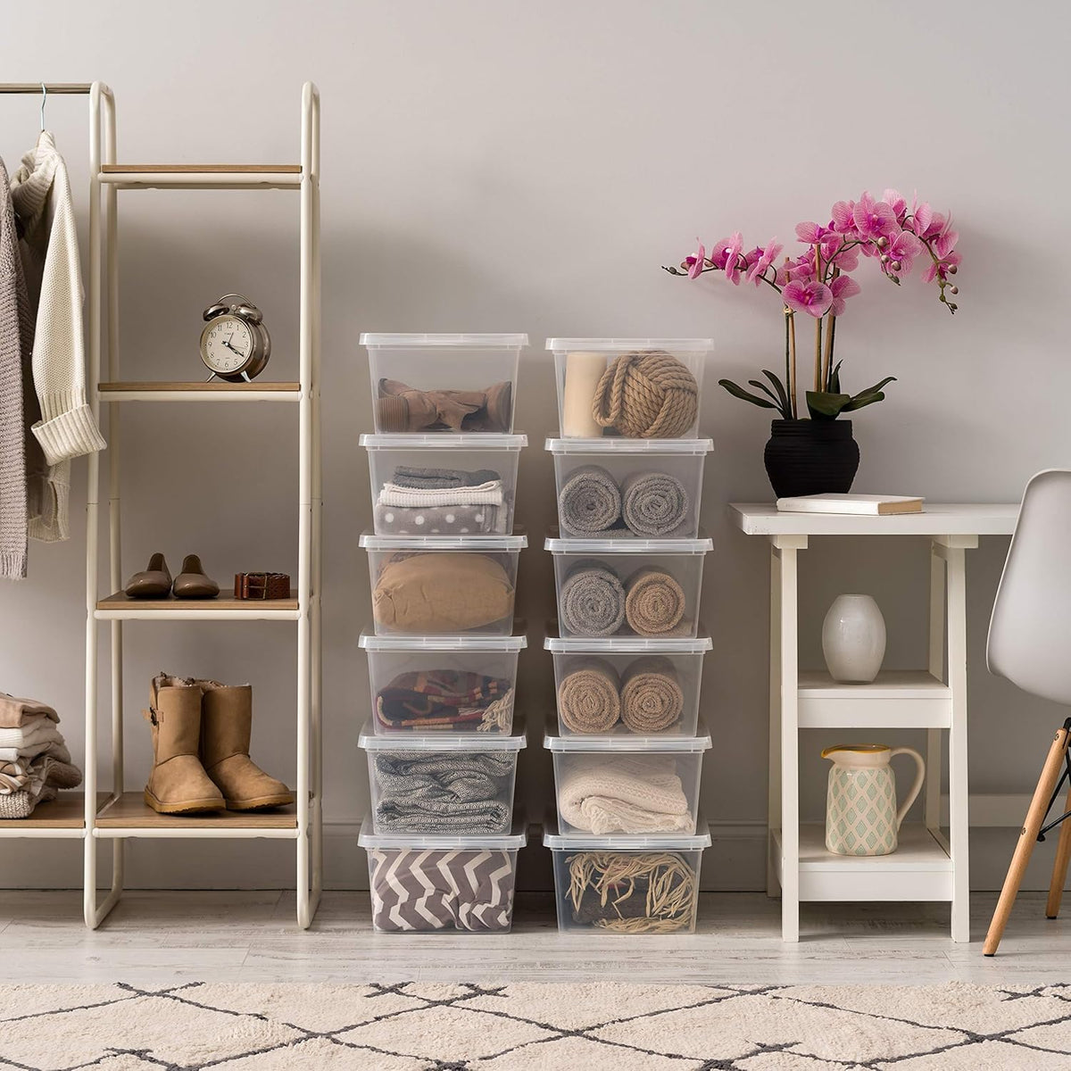 IRIS USA clear shoe boxes with 17-quart capacity for quick access.
