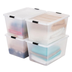 IRIS USA 4-pack clip box with latching lids on a shelf for organized storage.