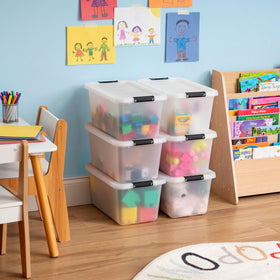 IRIS USA clip box stacked on shelf demonstrating space-saving organization.