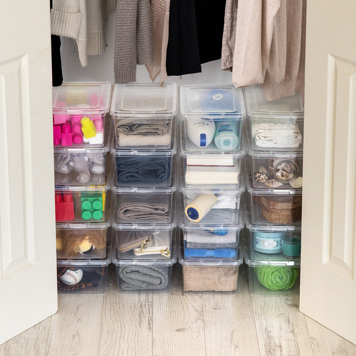 IRIS USA transparent bins help tidy shelves and desks.