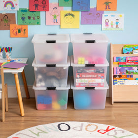 IRIS USA high-capacity storage bin stacks neatly on shelves