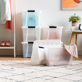 IRIS USA stackable bin lid with latch, back view shows secure stacking.