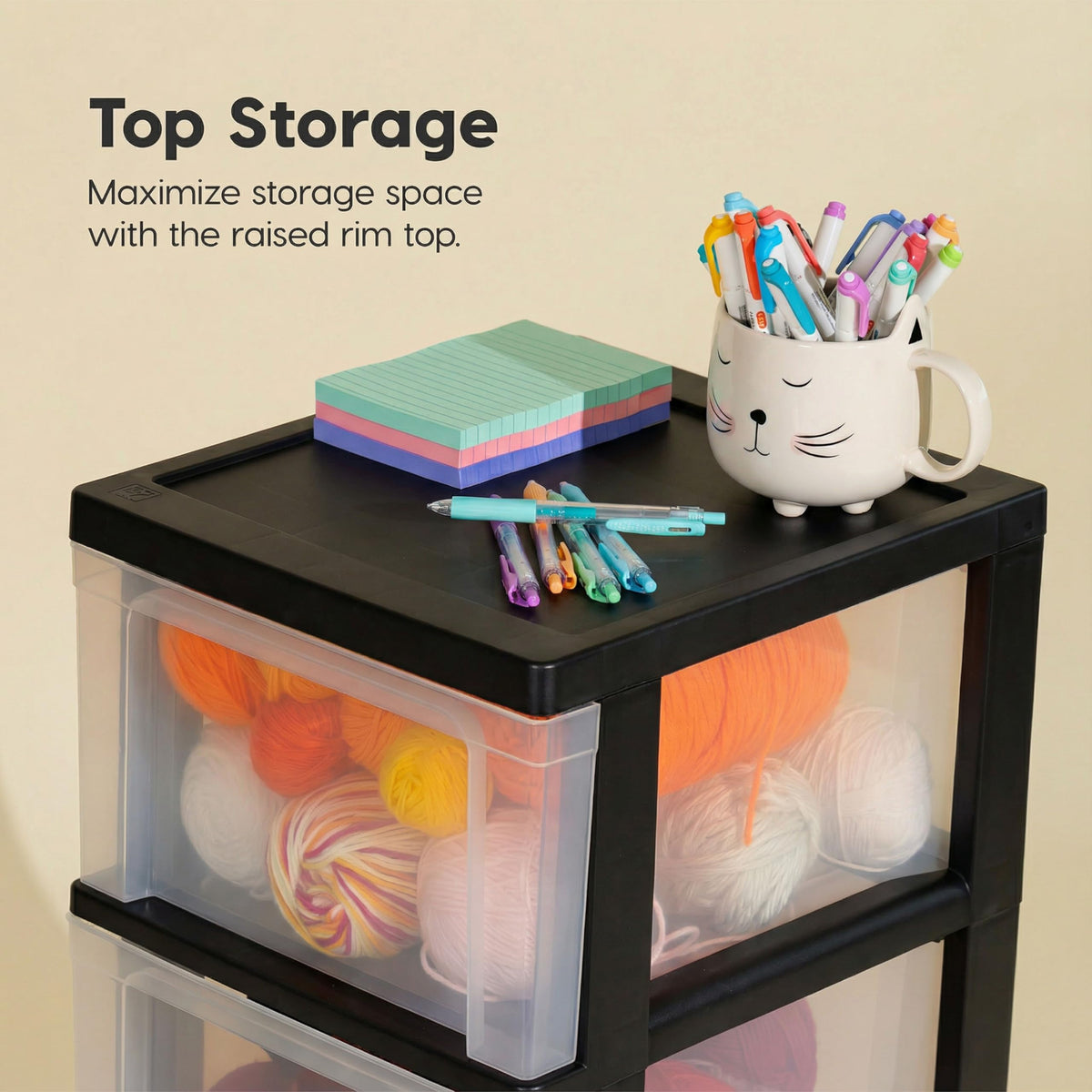 IRIS USA molded-in pull handles provide comfortable grip during organizing.