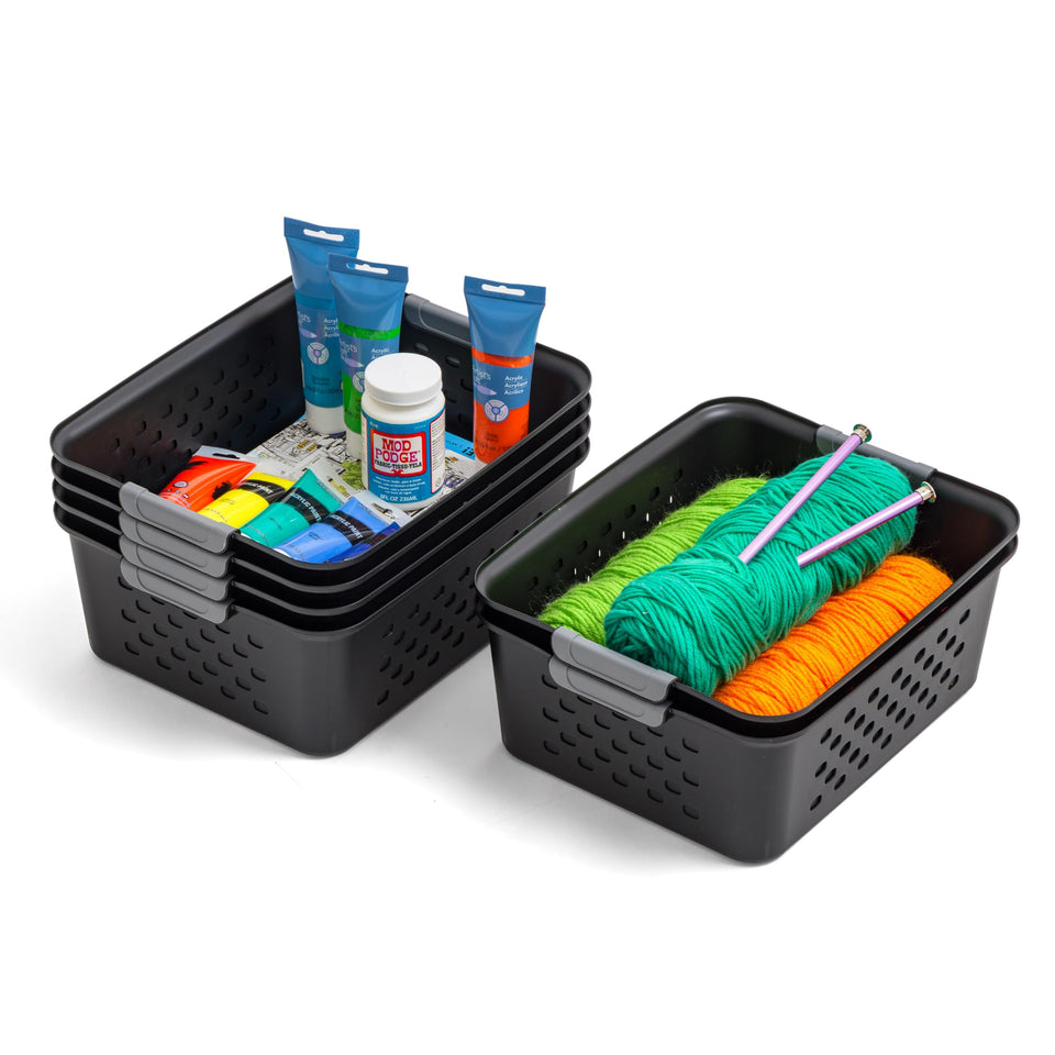 IRIS USA plastic storage baskets front view for compact shelf organization and quick item visibility.