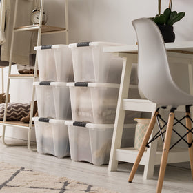 IRIS USA pull handle on pearl bin enables smooth slide-out from shelves.
