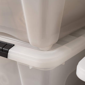 IRIS USA stackable office/closet bin in pearl optimizes vertical storage.